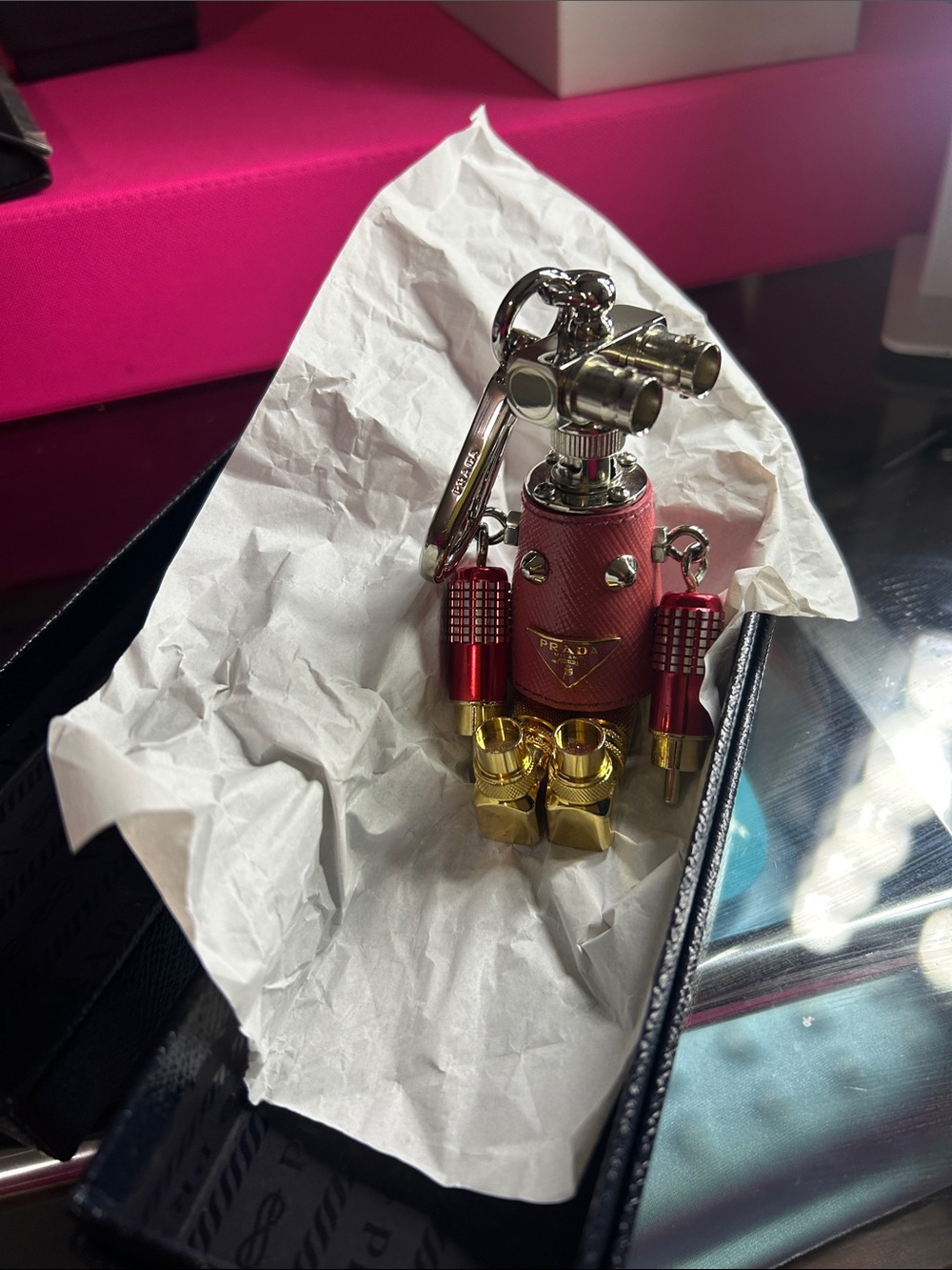 Prada Pink and Gold Robot Bag Charm